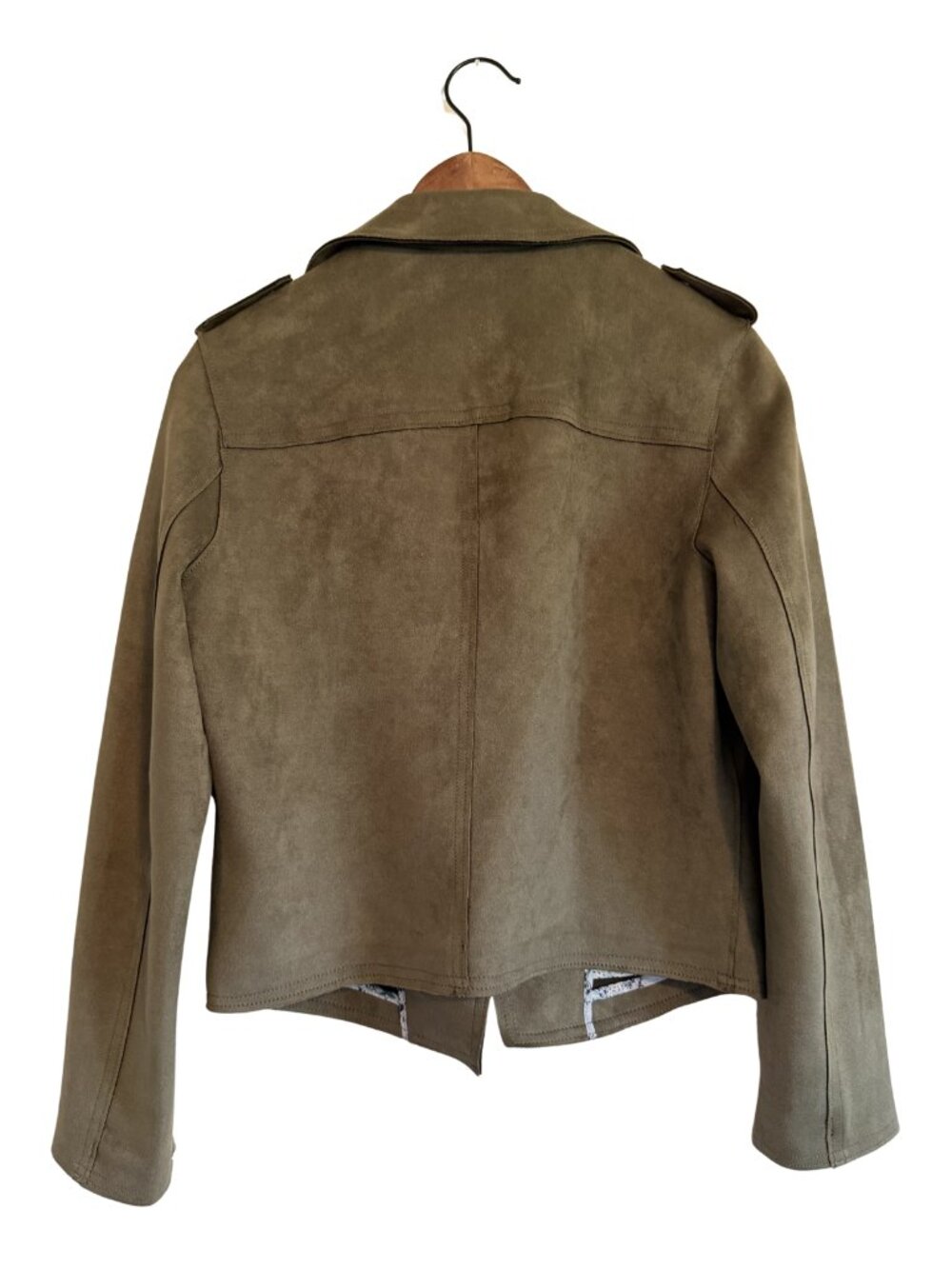 Tahari Faux Suede Moto Jacket Small Olive Green Cropped Biker NWT - Picture 5 of 5